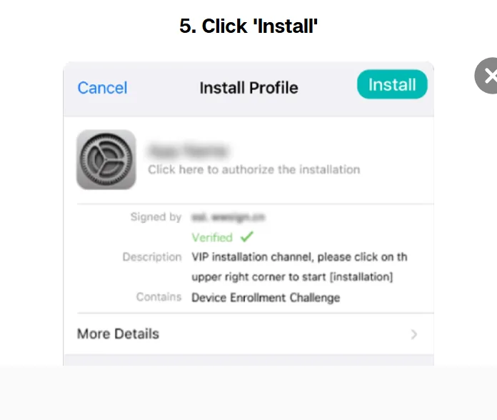 Install button for the We1Win configuration profile on iOS
