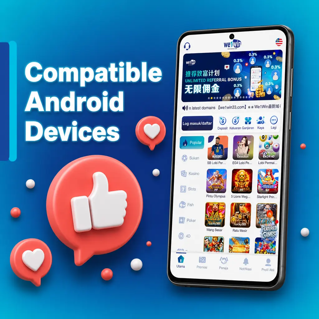 We1Win app compatible Android devices in Malaysia including Samsung Galaxy, Xiaomi Redmi, Oppo Reno, Vivo, Realme, Honor, and Huawei Nova.